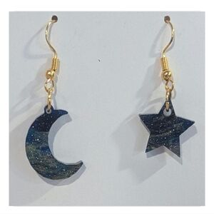 Celestial Moon Stars Earrings Hypoallergenic Mismatched Blue Gold Dangle